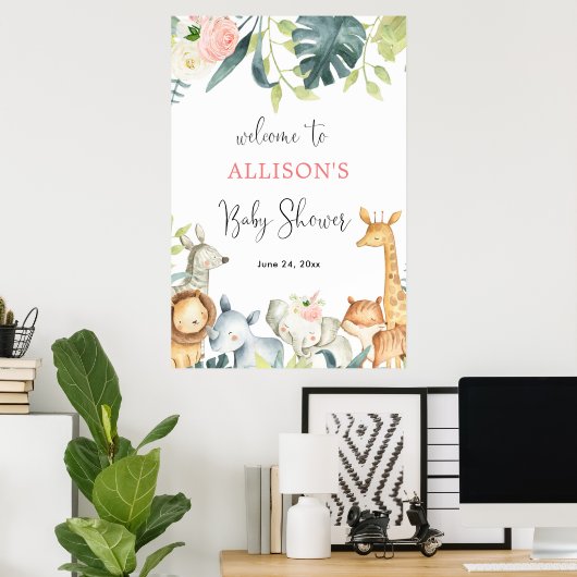 Meisje baby shower safari dieren welkom teken poster (Thuiskantoor)
