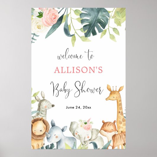 Meisje baby shower safari dieren welkom teken poster (Voorkant)