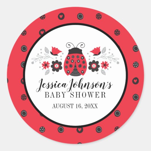 Meisje Baby shower Schattige rood lieveheersbeestj Ronde Sticker (Voorkant)