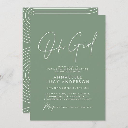 Meisje baby shower script modern sage groen elegan kaart (Voorkant / Achterkant)