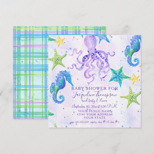 Meisje Baby shower Strand Zeesterren Octopus Zeepa Kaart (Voorkant / Achterkant)