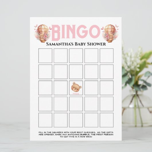  Meisje Baby Shower Teddy Ballon Roze Bingo  Kaart (Staand voorkant)
