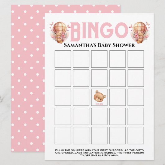  Meisje Baby Shower Teddy Ballon Roze Bingo  Kaart (Voorkant / Achterkant)