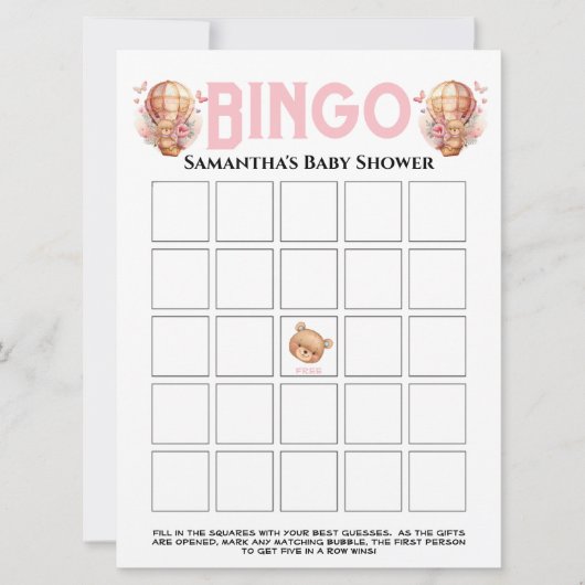  Meisje Baby Shower Teddy Ballon Roze Bingo  Kaart (Voorkant)