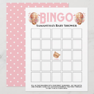 Meisje Baby Shower Teddy Ballon Roze Bingo Kaart