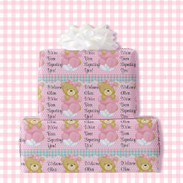 Meisje Baby shower Teddy Bear Naam toevoegen Paste Cadeaupapier