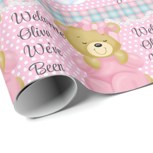 Meisje Baby shower Teddy Bear Naam toevoegen Paste Cadeaupapier (Rol Hoek)