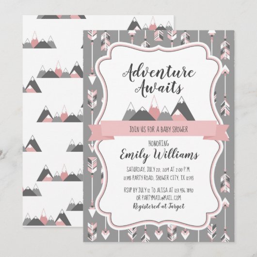 Meisje Baby shower Uitnodiging Avontuur Wachten (Voorkant / Achterkant)