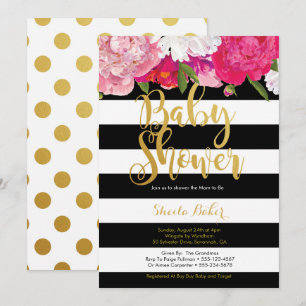 Meisje Baby shower Uitnodiging - Bloemen Zwart Wit