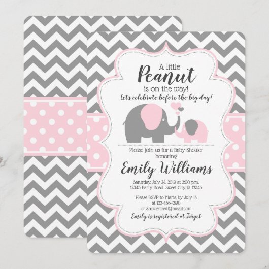 Meisje baby shower uitnodiging roze olifant thema (Voorkant / Achterkant)