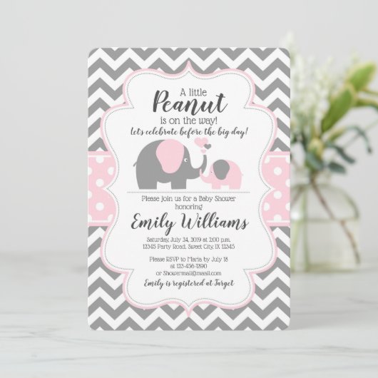 Meisje baby shower uitnodiging roze olifant thema (Staand voorkant)