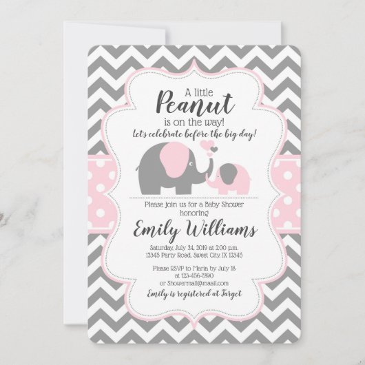 Meisje baby shower uitnodiging roze olifant thema (Voorkant)