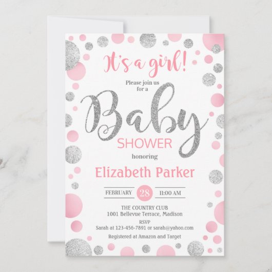 Meisje Baby shower Uitnodiging - Roze Zilveren Sti (Voorkant)