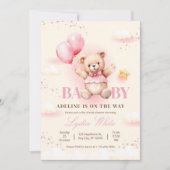 Meisje Baby shower uitnodiging, Teddy Bear Ballonn Kaart (Voorkant)