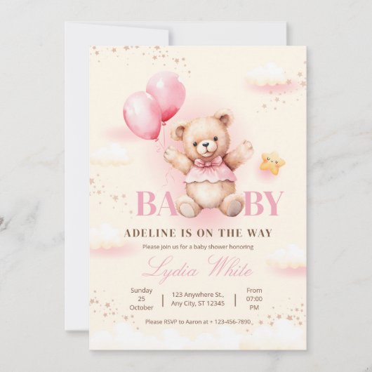 Meisje Baby shower uitnodiging, Teddy Bear Ballonn Kaart (Voorkant)