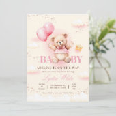 Meisje Baby shower uitnodiging, Teddy Bear Ballonn Kaart (Staand voorkant)