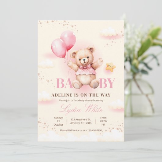 Meisje Baby shower uitnodiging, Teddy Bear Ballonn Kaart (Staand voorkant)