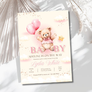 Meisje Baby shower uitnodiging, Teddy Bear Ballonn Kaart