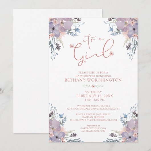 Meisje Baby shower Waterverf Wildbloemen Kaart (Voorkant / Achterkant)