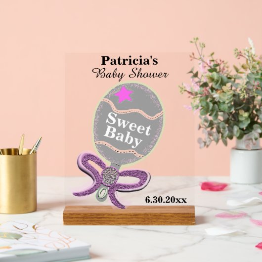 Meisje Baby shower Zilveren Roze Rammelaar Acryl Bord (Huwelijk)