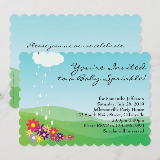 Meisje Baby Sprinkle uitnodiging, bloemen en regen Kaart (Voorkant / Achterkant)