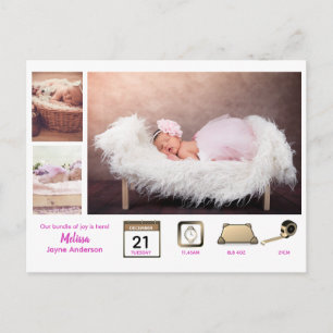 Meisje BABY STATISTIEKEN Foto Collage Modern Roze Briefkaart
