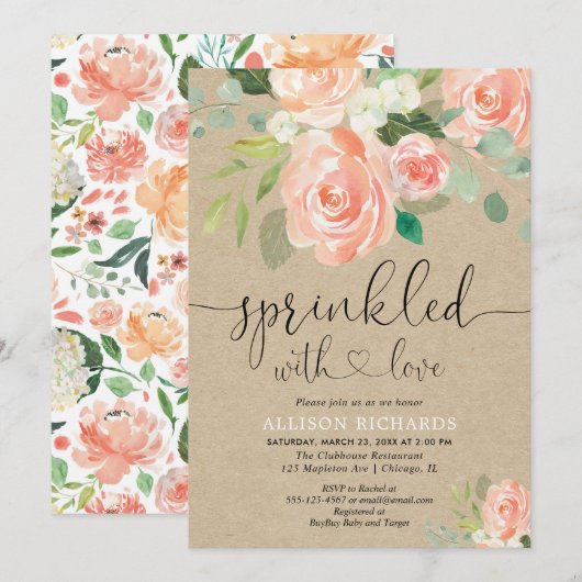 Meisje baby strooi perzik bloemenrustiek kraft kaart (Voorkant / Achterkant)