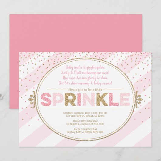 Meisje baby strooi uitnodiging roze gouden uitnodi (Voorkant / Achterkant)