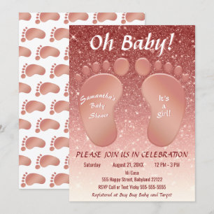 Meisje Baby Voeten Roos Gouden Glitter Ombre Baby Kaart
