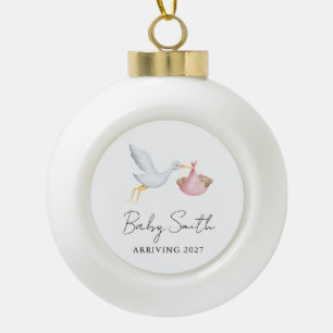 Meisje Baby Waterverf Ooievaar Aankondiging Jaar Keramische Bal Ornament