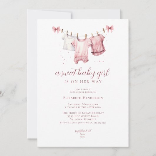Meisje BabyClothes Clothesline Baby shower Kaart (Voorkant)