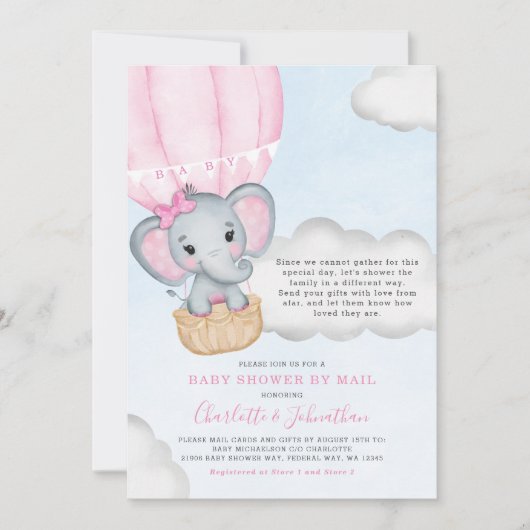 Meisje Babyfeest Per Post Roze Olifant Kaart (Voorkant)