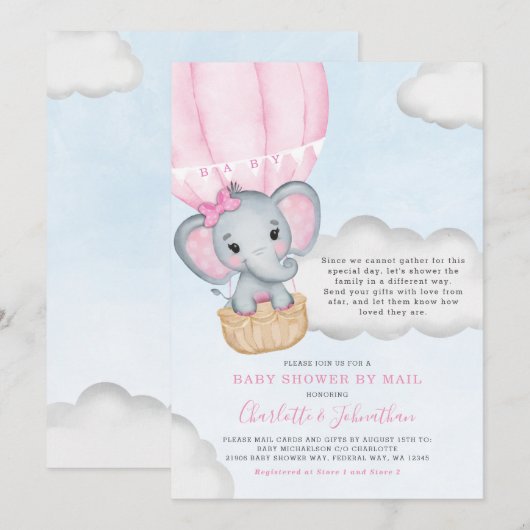 Meisje Babyfeest Per Post Roze Olifant Kaart (Voorkant / Achterkant)