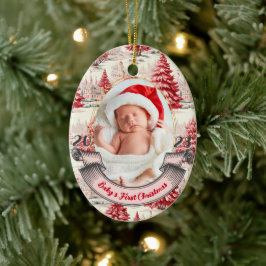 Meisje Baby's Eerste Kerstboom Roze & Rood Foto Keramisch Ornament