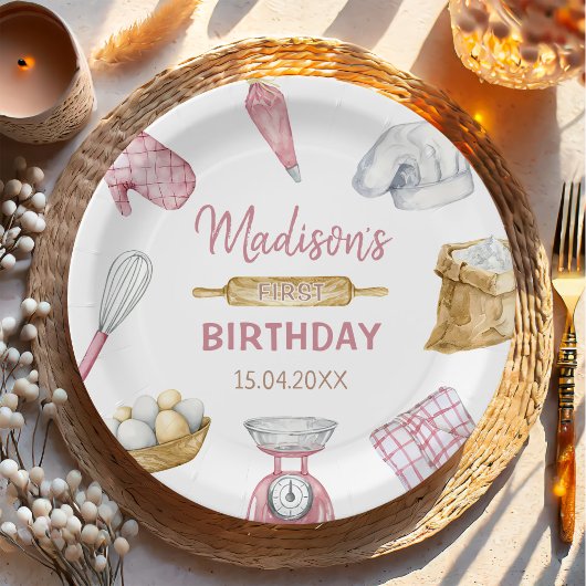 Meisje Bakken Koken 1e Verjaardagsfeest Papieren Bordje