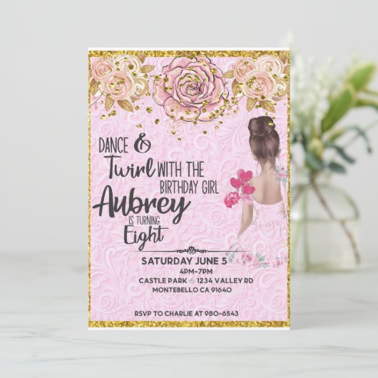 Meisje Ballerina verjaardagsuitnodiging Kaart (Staand voorkant)