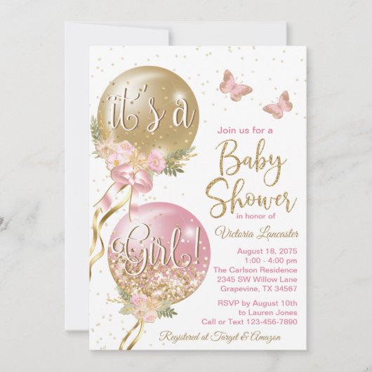 Meisje ballon Baby shower Kaart (Voorkant)