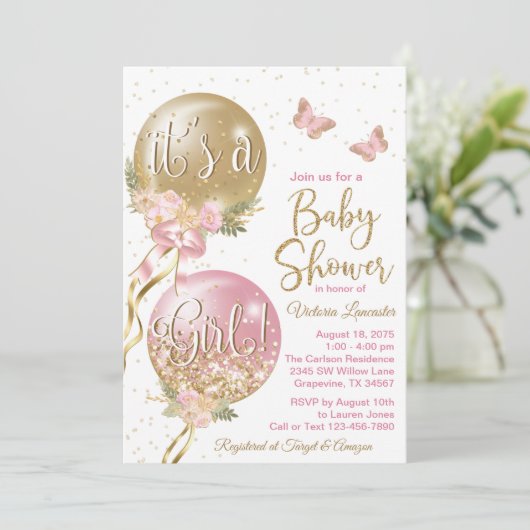 Meisje ballon Baby shower Kaart (Staand voorkant)