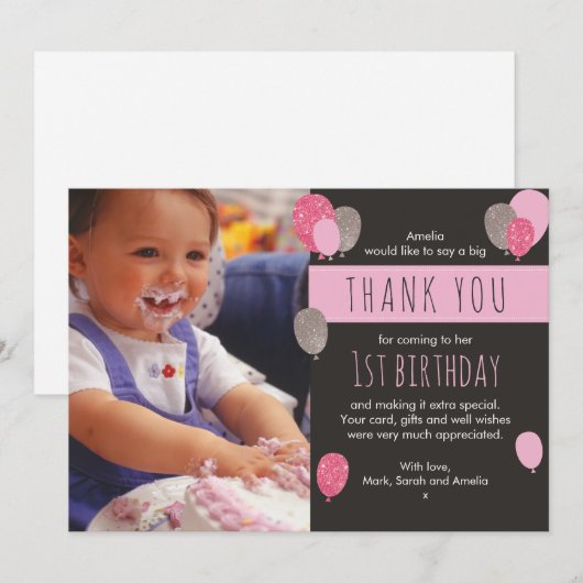 Meisje ballon verjaardag bedankkaart (Voorkant / Achterkant)