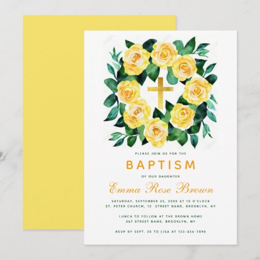 Meisje Baptism Yellow Rose Wreate Faux Gold Kaart (Voorkant / Achterkant)
