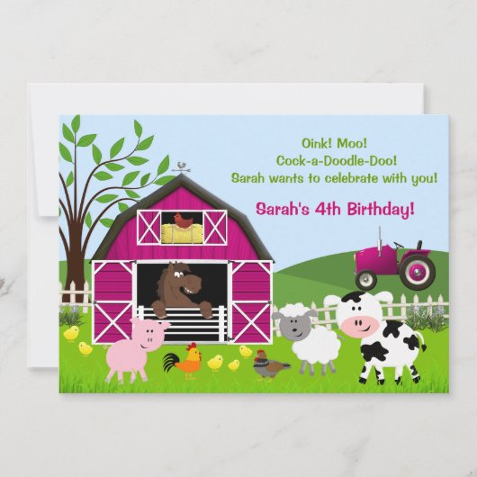 Meisje Barnyard Boerderij Dieren Verjaardag Uitnod Kaart (Voorkant)