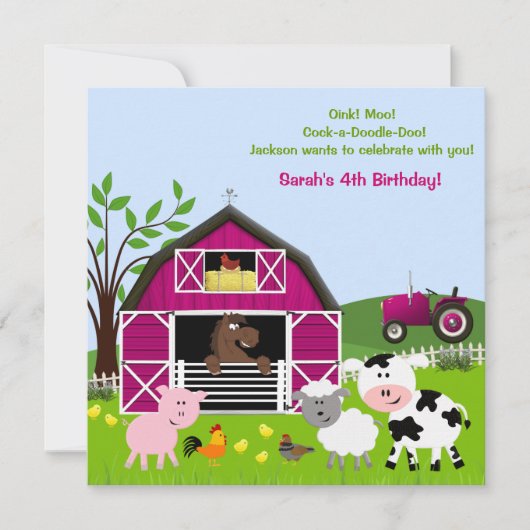 Meisje Barnyard Boerderij Dieren Verjaardag Uitnod Kaart (Voorkant)