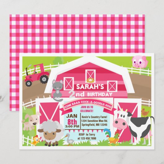 Meisje barnyard uitnodiging - Boerderij Verjaardag (Voorkant / Achterkant)