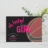 Meisje basketbal baby shower roze zwarte uitnodigi kaart (Staand voorkant)