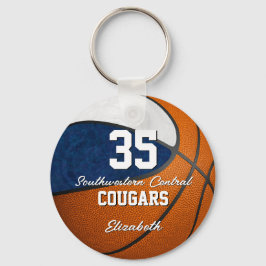 meisje basketbal blauw wit haar schoolteam kleuren sleutelhanger