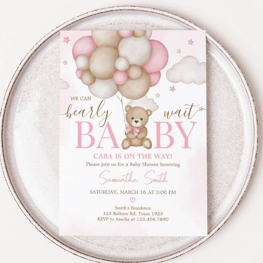 Meisje Beer ballon Baby shower Kaart