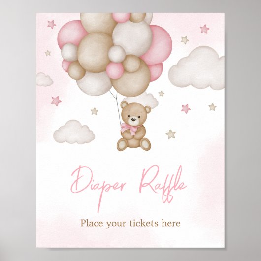 Meisje Beer Ballon Baby shower Luier Raffle Poster (Voorkant)