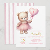 Meisje Beer Hart Roze Ballonnen Eerste Verjaardag Kaart (Voorkant / Achterkant)