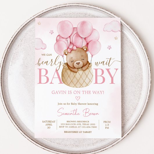 Meisje Beer Hete Luchtballon Baby shower Kaart