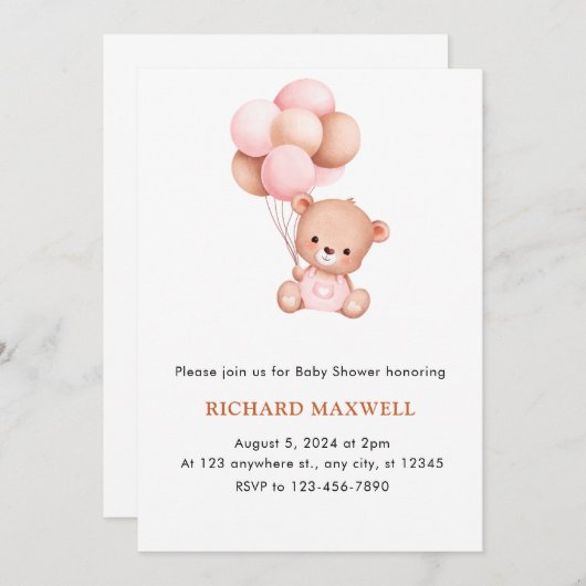 Meisje Beer met ballonnen Baby shower Uitnodiging (Voorkant / Achterkant)